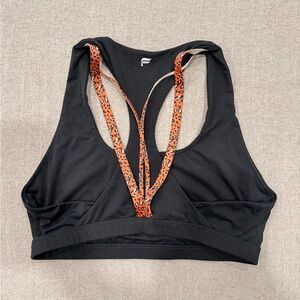 Womens Black Sports Bra Leopard Accent Straps Racerback Large‎